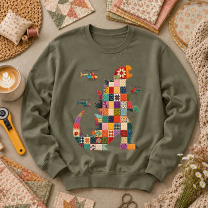 Patchwork Quilt Godzilla With Helicopters Long Sleeve - Military Green
