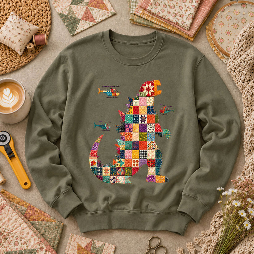 Patchwork Quilt Godzilla With Helicopters Long Sleeve - Military Green