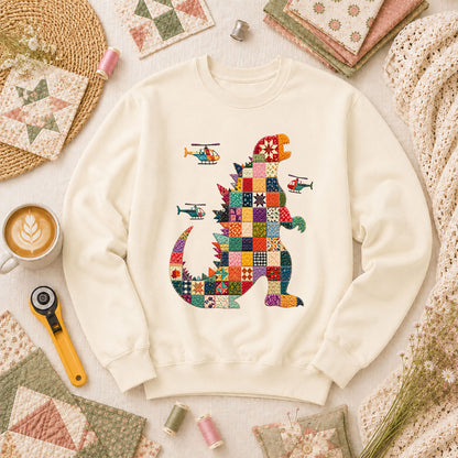 Patchwork Quilt Godzilla With Helicopters Long Sleeve - Natural