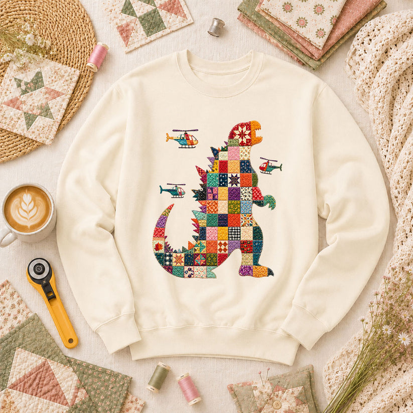 Patchwork Quilt Godzilla With Helicopters Long Sleeve - Natural