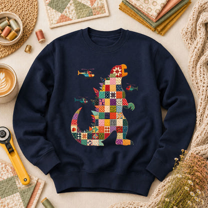Patchwork Quilt Godzilla With Helicopters Long Sleeve - Navy