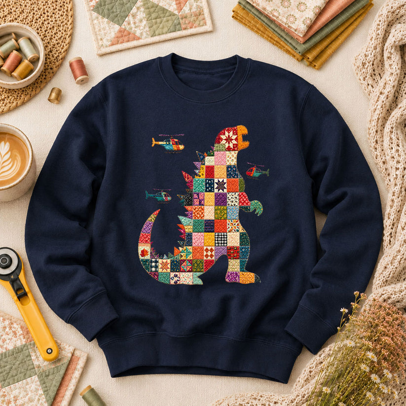Patchwork Quilt Godzilla With Helicopters Long Sleeve - Navy