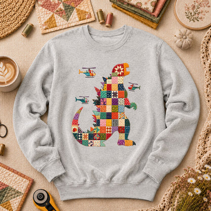 Patchwork Quilt Godzilla With Helicopters Long Sleeve - Sport Grey