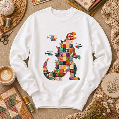 Patchwork Quilt Godzilla With Helicopters Long Sleeve - White