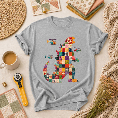 Patchwork Quilt Godzilla With Helicopters T-Shirt - Athletic Heather
