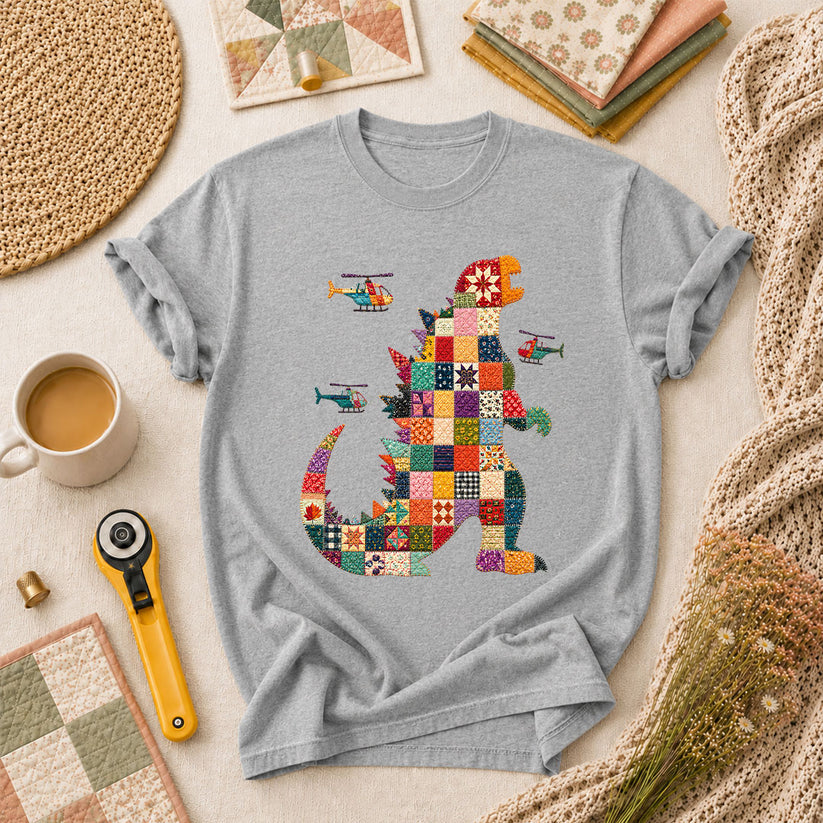 Patchwork Quilt Godzilla With Helicopters T-Shirt - Athletic Heather