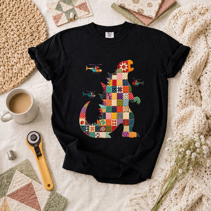 Patchwork Quilt Godzilla With Helicopters T-Shirt - Black