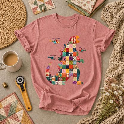 Patchwork Quilt Godzilla With Helicopters T-Shirt - Heather Mauve