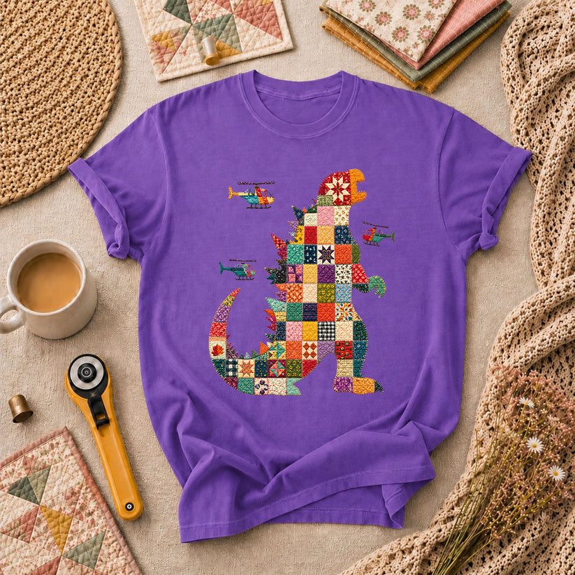 Patchwork Quilt Godzilla With Helicopters T-Shirt - Heather Team Purple