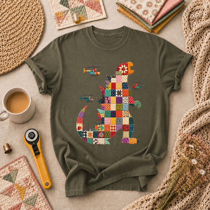 Patchwork Quilt Godzilla With Helicopters T-Shirt - Military Green