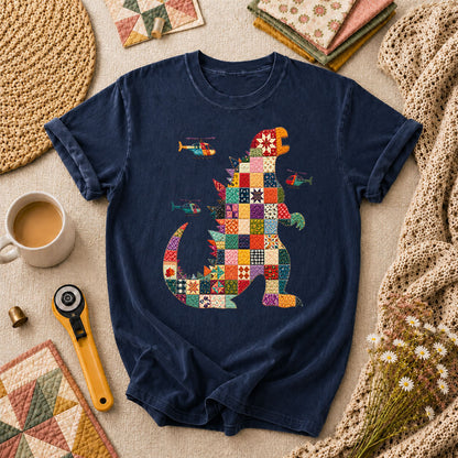 Patchwork Quilt Godzilla With Helicopters T-Shirt - Navy