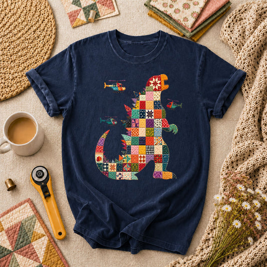 Patchwork Quilt Godzilla With Helicopters T-Shirt