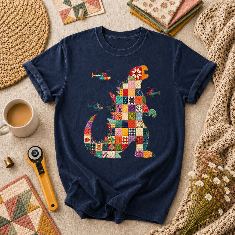 Patchwork Quilt Godzilla With Helicopters T-Shirt - Navy