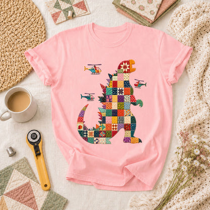Patchwork Quilt Godzilla With Helicopters T-Shirt - Pink