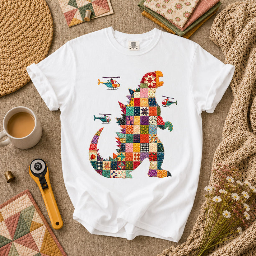 Patchwork Quilt Godzilla With Helicopters T-Shirt - White
