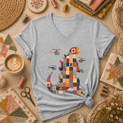 Patchwork Quilt Godzilla With Helicopters Women's V-Neck - Athletic Heather
