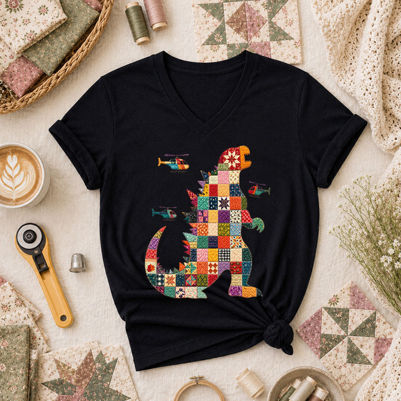 Patchwork Quilt Godzilla With Helicopters Women's V-Neck - Black