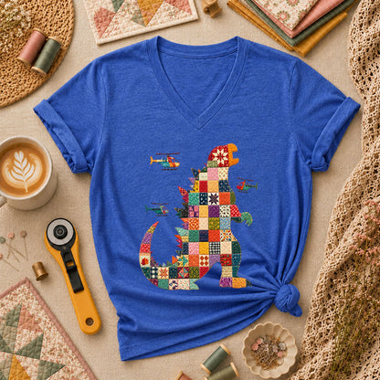 Patchwork Quilt Godzilla With Helicopters Women's V-Neck - Heather True Royal