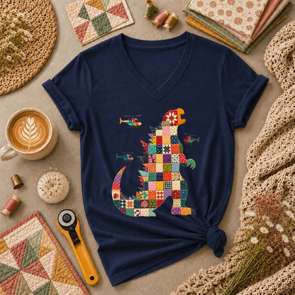 Patchwork Quilt Godzilla With Helicopters Women's V-Neck - Navy