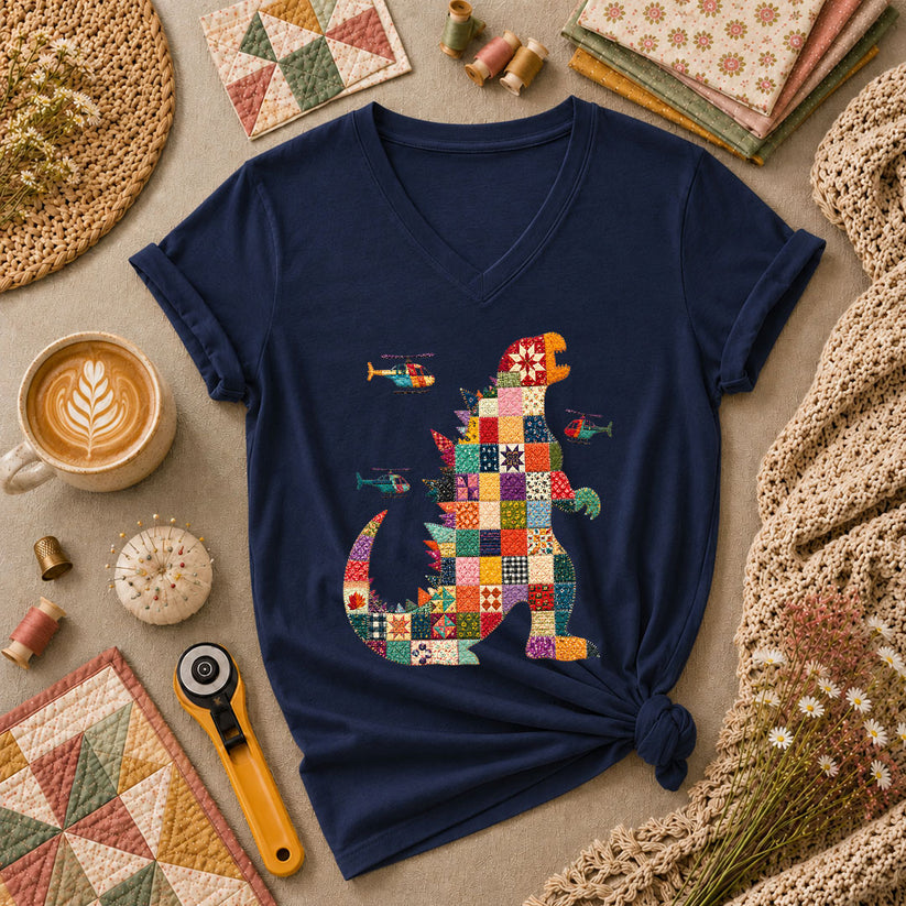 Patchwork Quilt Godzilla With Helicopters Women's V-Neck - Navy