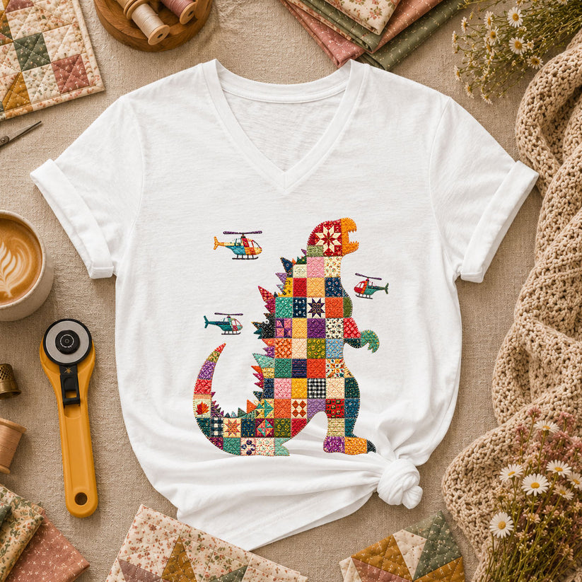 Patchwork Quilt Godzilla With Helicopters Women's V-Neck - White