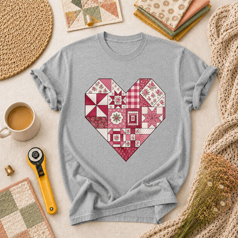 Patchwork Quilt Heart Handmade T-Shirt - Athletic Heather