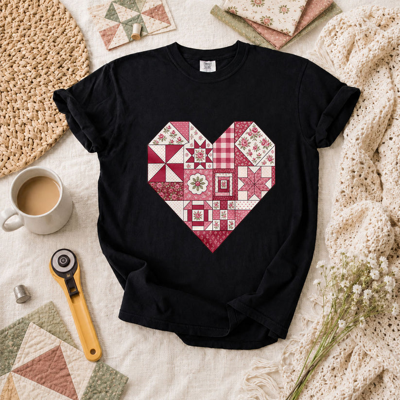 Patchwork Quilt Heart Handmade T-Shirt - Black