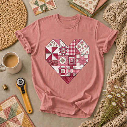 Patchwork Quilt Heart Handmade T-Shirt - Heather Mauve