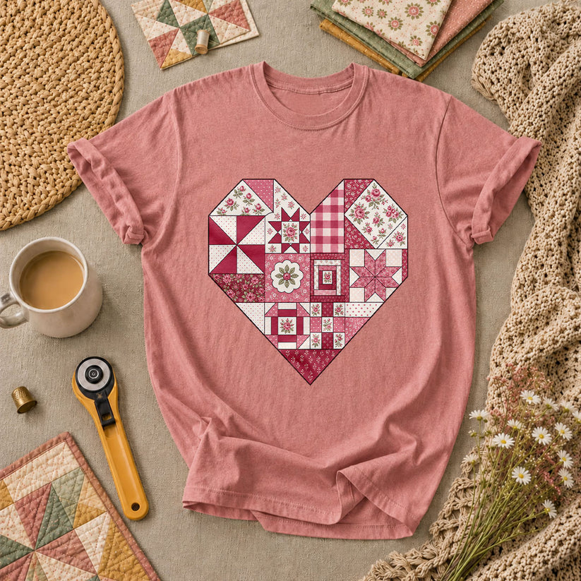 Patchwork Quilt Heart Handmade T-Shirt - Heather Mauve