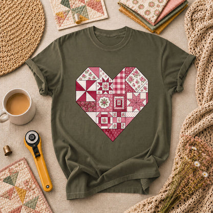 Patchwork Quilt Heart Handmade T-Shirt - Military Green
