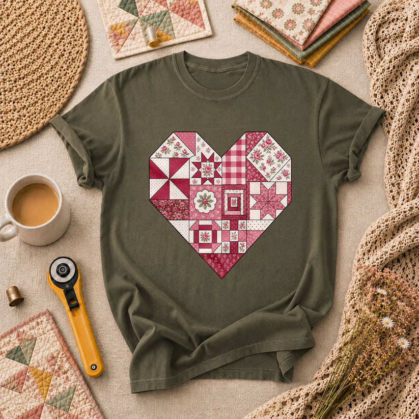 Patchwork Quilt Heart Handmade T-Shirt - Military Green