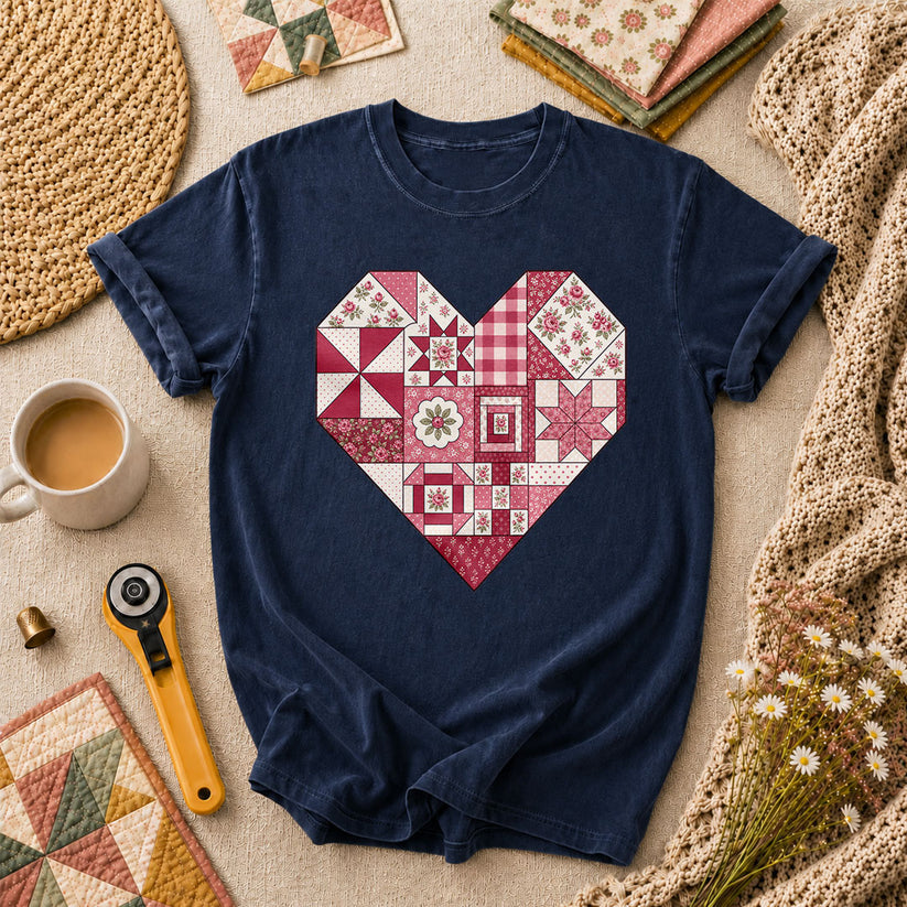 Patchwork Quilt Heart Handmade T-Shirt - Navy