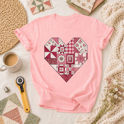 Patchwork Quilt Heart Handmade T-Shirt - Pink