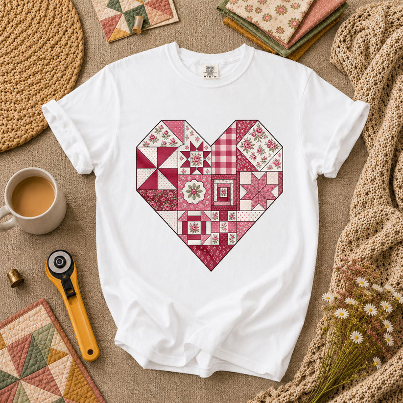 Patchwork Quilt Heart Handmade T-Shirt - White