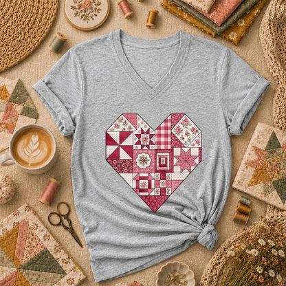 Patchwork Quilt Heart Handmade Women's V-Neck - Athletic Heather