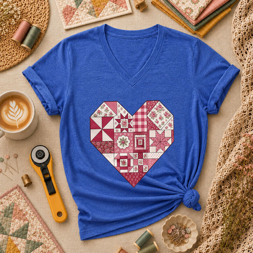 Patchwork Quilt Heart Handmade Women's V-Neck - Heather True Royal