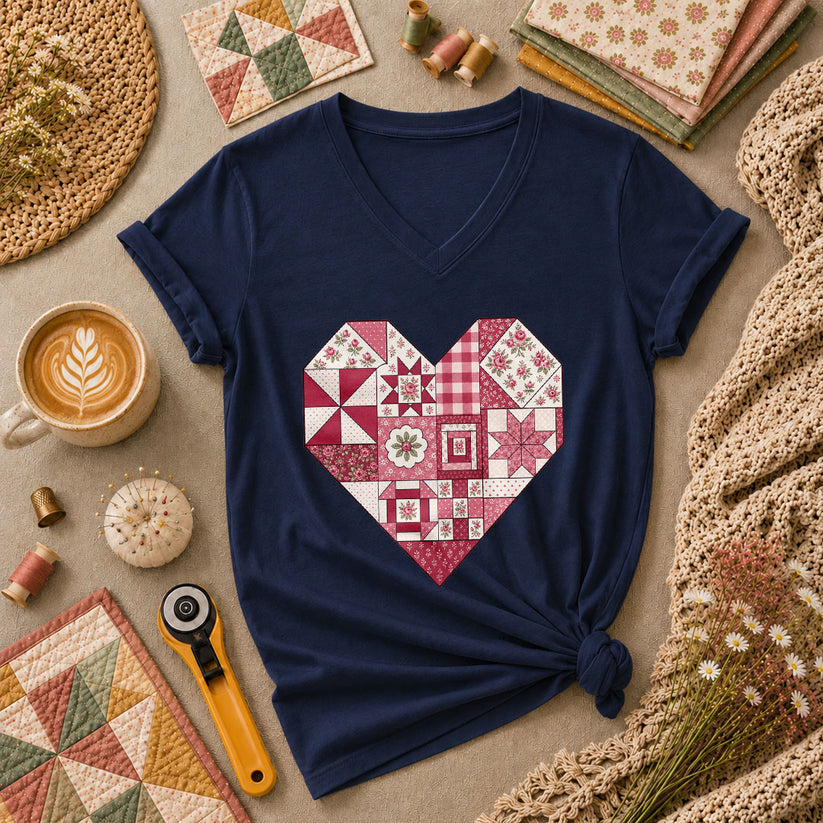 Patchwork Quilt Heart Handmade Women's V-Neck - Navy