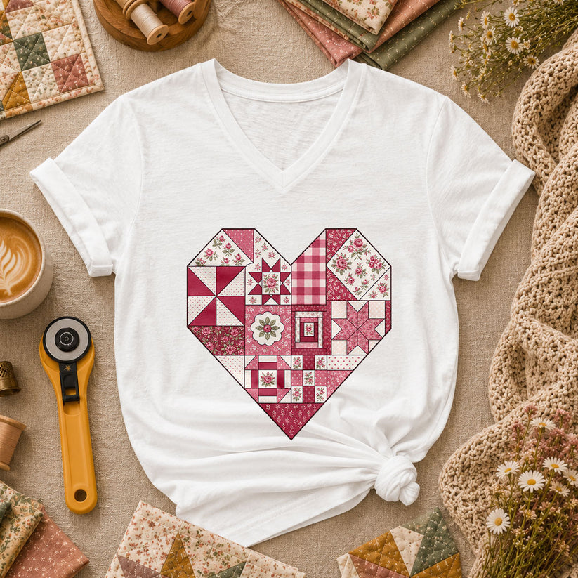 Patchwork Quilt Heart Handmade Women's V-Neck - White