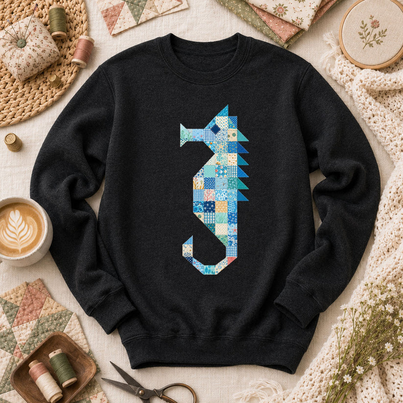 Patchwork Quilt Seahorse Long Sleeve - Black