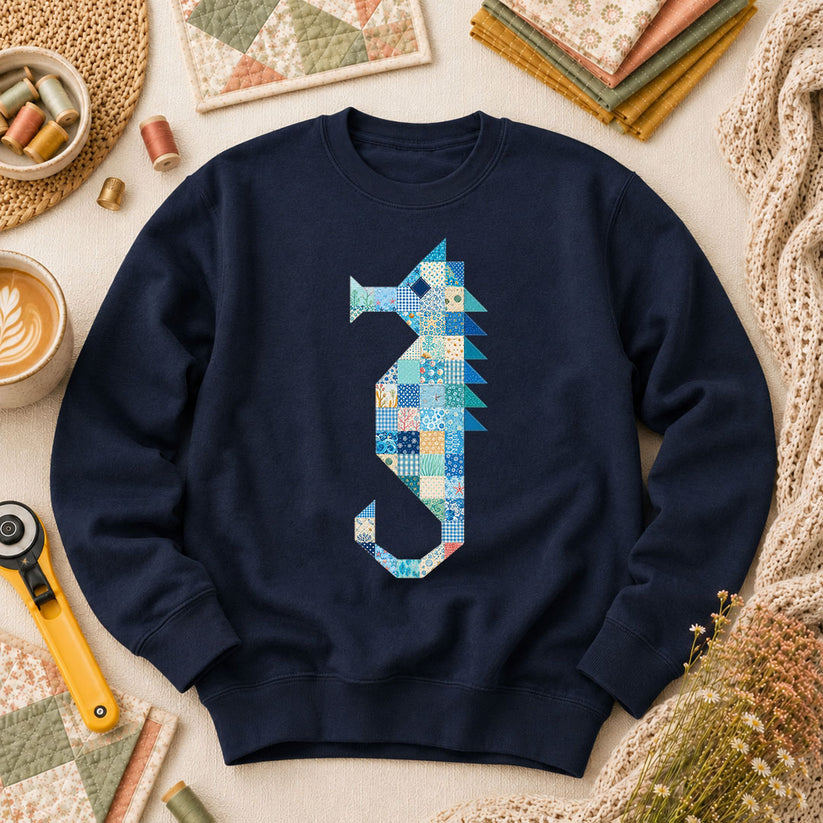 Patchwork Quilt Seahorse Long Sleeve - Navy