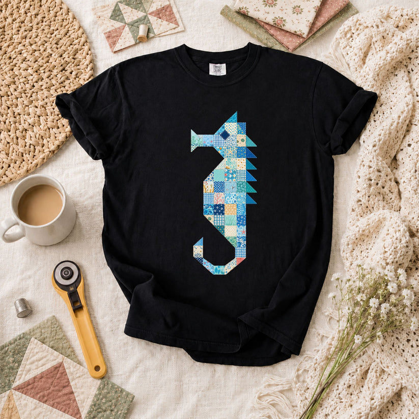 Patchwork Quilt Seahorse T-Shirt - Black