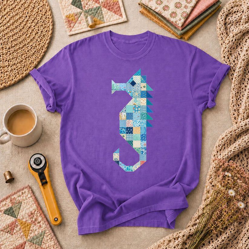 Patchwork Quilt Seahorse T-Shirt - Heather Team Purple