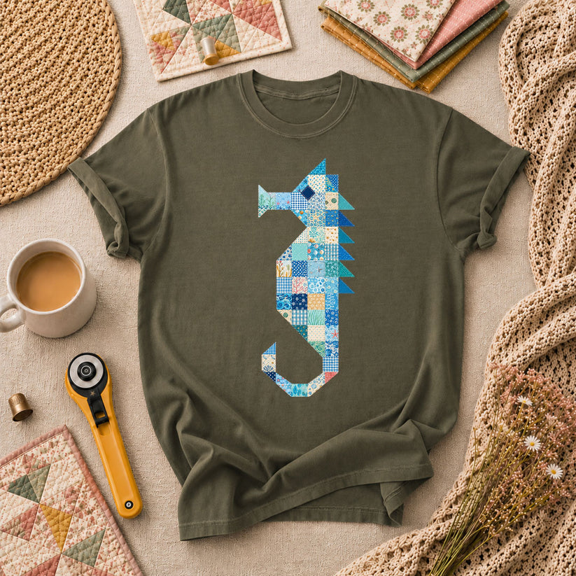 Patchwork Quilt Seahorse T-Shirt - Military Green