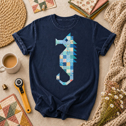 Patchwork Quilt Seahorse T-Shirt - Navy
