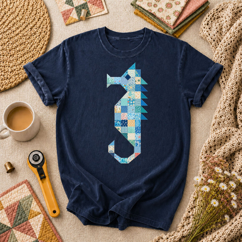 Patchwork Quilt Seahorse T-Shirt - Navy