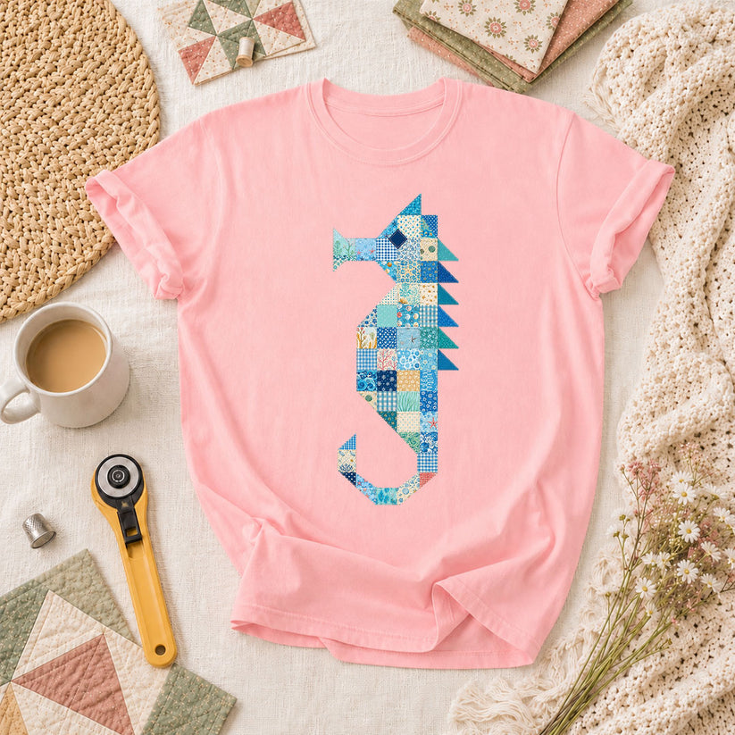 Patchwork Quilt Seahorse T-Shirt - Pink