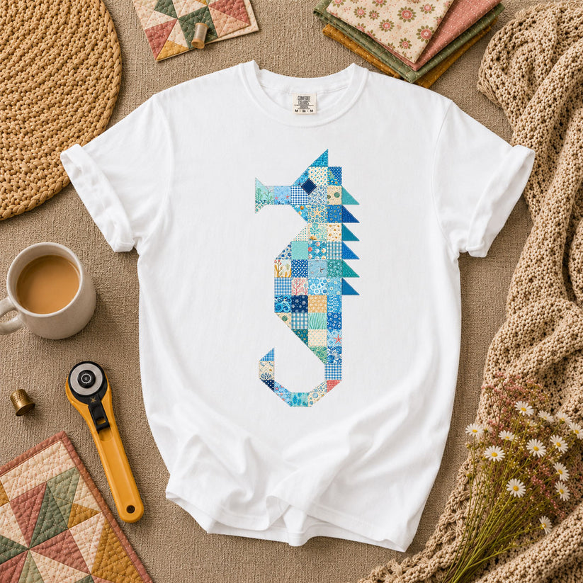 Patchwork Quilt Seahorse T-Shirt - White