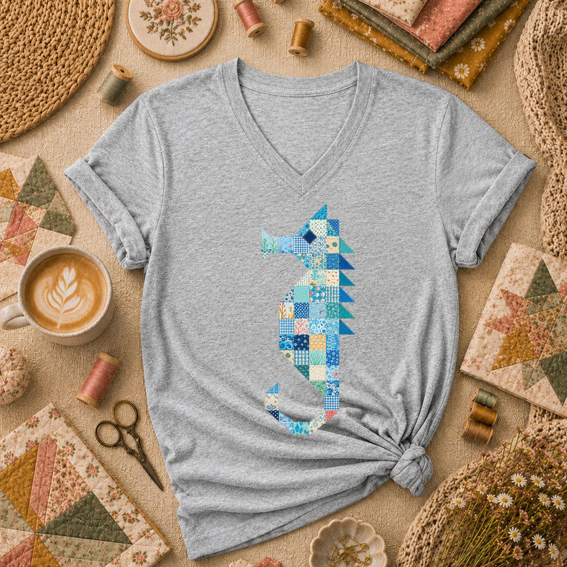 Patchwork Quilt Seahorse Women's V-Neck - Athletic Heather