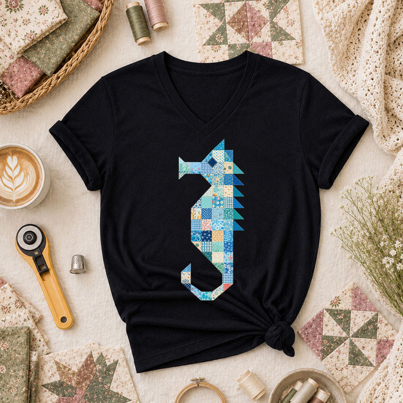 Patchwork Quilt Seahorse Women's V-Neck - Black