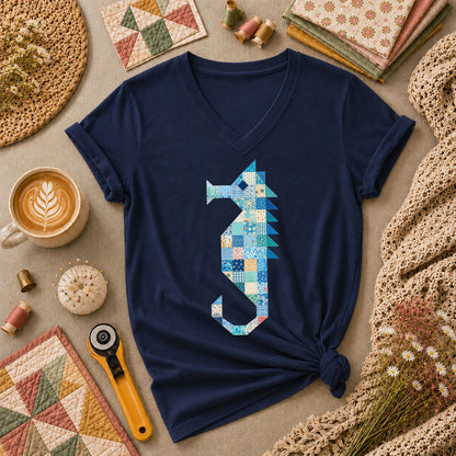 Patchwork Quilt Seahorse Women's V-Neck - Navy
